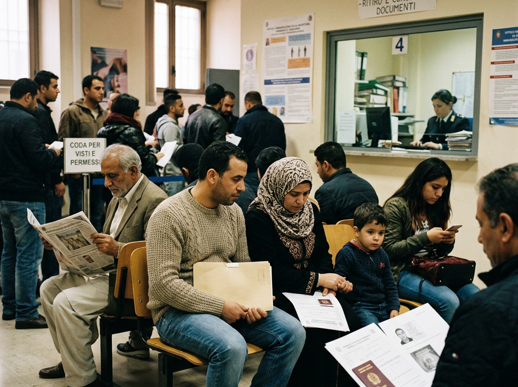 People waiting with documents at an Italian immigration office